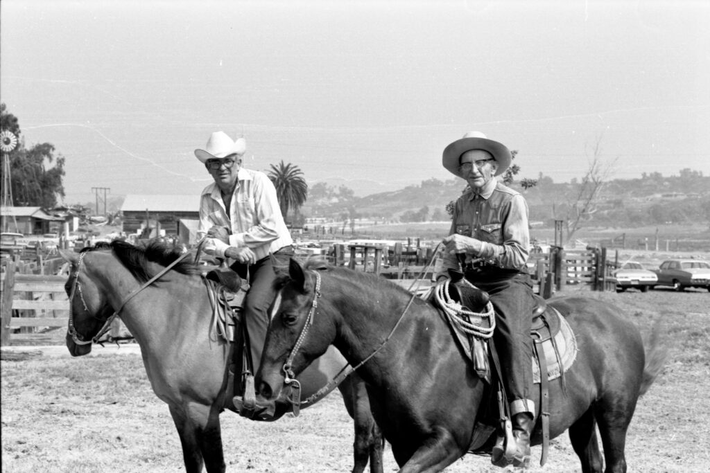 1973- Herman Wiegand (right) on his horse. 3748 Manchester Av. Olivenhain